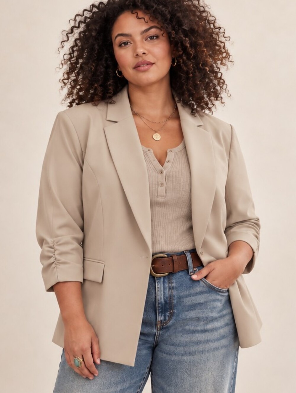 INC INTERNATIONAL CONCEPTS TAN RUCHED 3/4 SLEEVE BLAZER JACKET PLUS SIZE 2X NWOT